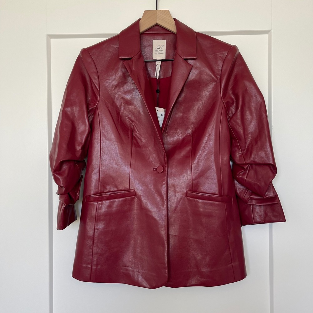 NWT Cinq a Sept Kylie Vegan Leather Jacket Sz 0 Rhubarb Red Ruched Sleeve Blazer - Picture 6 of 16